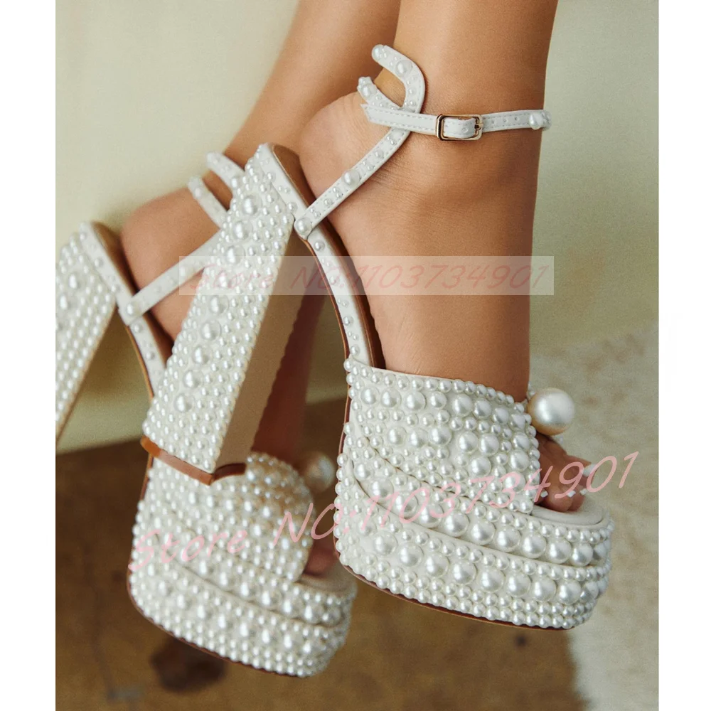 Wedding Super - Dames witte parel platform sandalen enkelbandje