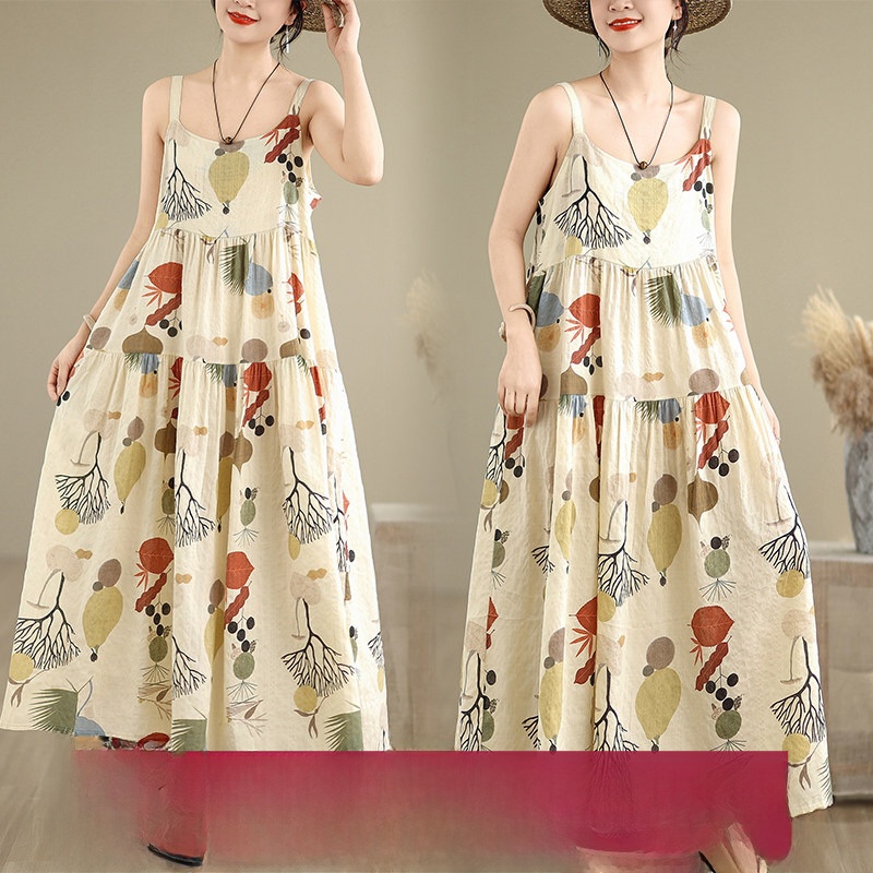 Good Floral & Wedding Decor Supply - Bloemenprint katoenen linnen maxi jurk A-lijn